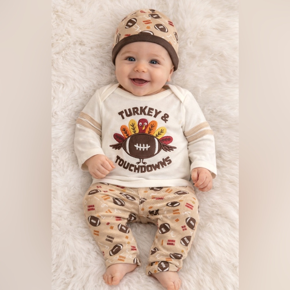 NWT! Turkey & Touchdowns Baby 3 piece Outfit